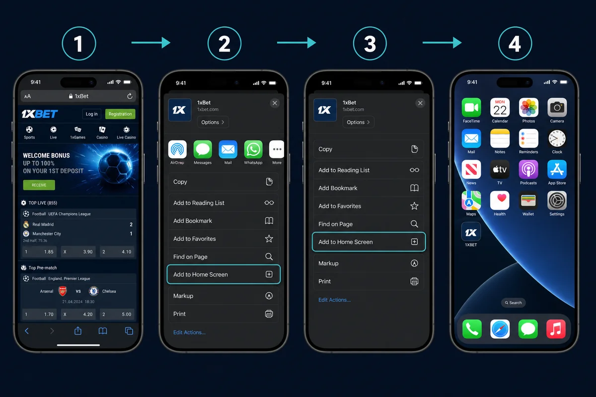iOS — Add to Home Screen at 1xBet Sri Lanka