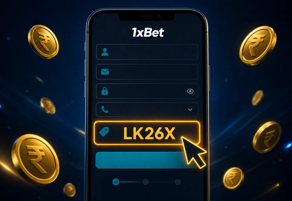 1xBet Sri Lanka sign-up form with LK26X promo code highlighted
